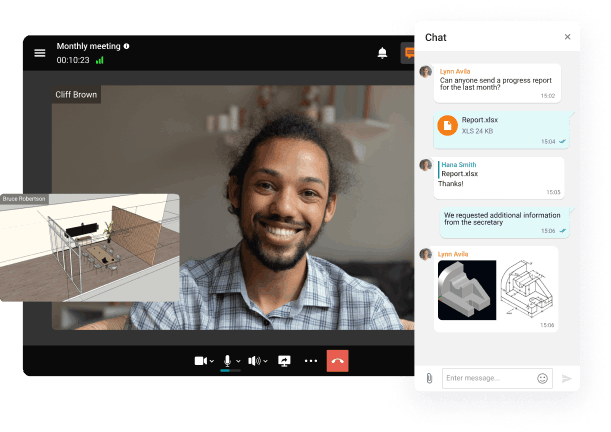 Video calls with screen sharing and a chat for messaging and file sharing