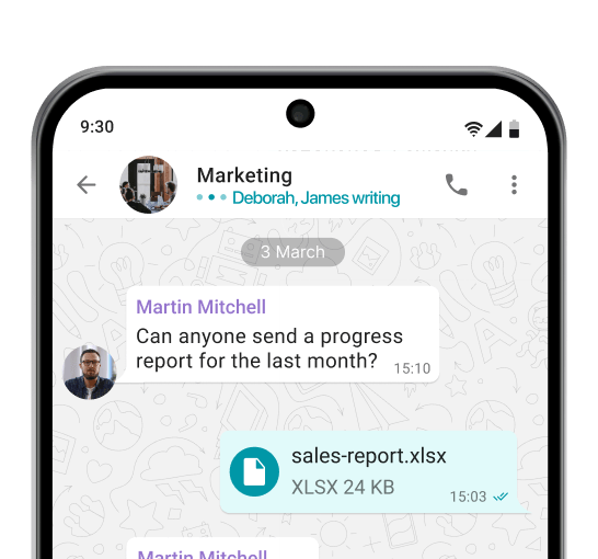 Corporate messaging app showing group chat with file sharing and quick replies