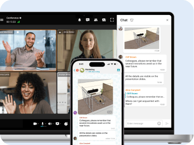 Video conference and chat on computer and smartphone, showing cross-device synchronization