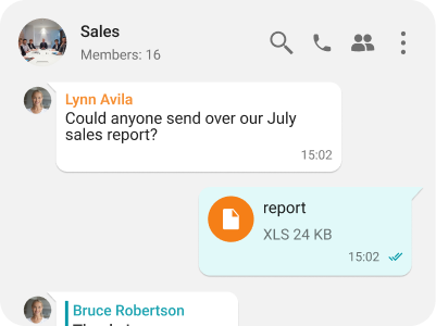Group chat interface with a sent XLS file