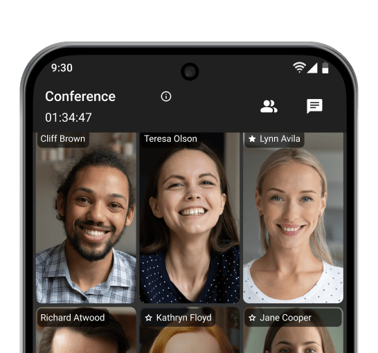 Interface of a video conference with six participants, promoting 4K UltraHD online meetings