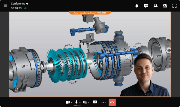 Participant sharing a 3D engineering model during a TrueConf video conference using AI-powered collaboration tools