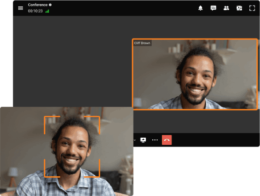 AI auto framing feature in TrueConf video conference automatically focuses on the speaker's face