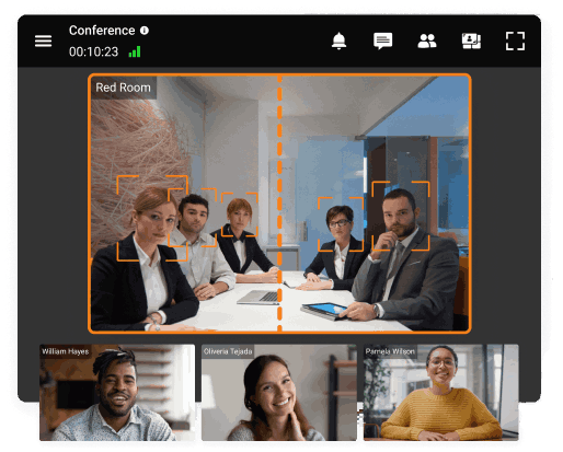 AI-powered group framing feature in TrueConf video conference automatically detects and centers all participants in the meeting room