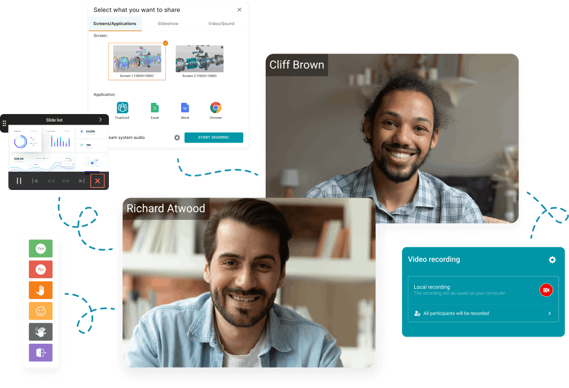 Virtual meeting interface showing screen sharing, recording, and video feeds of two participants