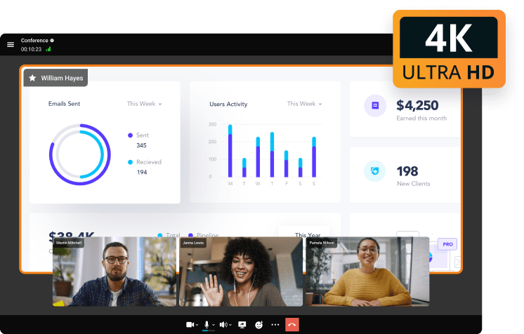Video call with three participants and a shared 3D model, highlighting free 4K video conferencing