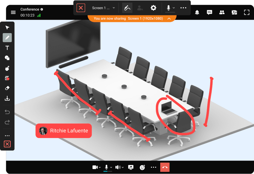 Live presentation of interior design with on-screen notes and participant labels in a video call