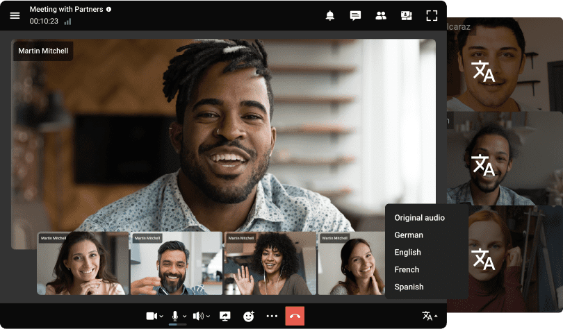 Platform enabling multilingual support with real-time audio interpretation during meetings