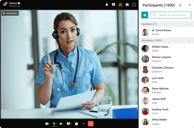Medical webinar featuring a physician lecturer and a list of connected participants