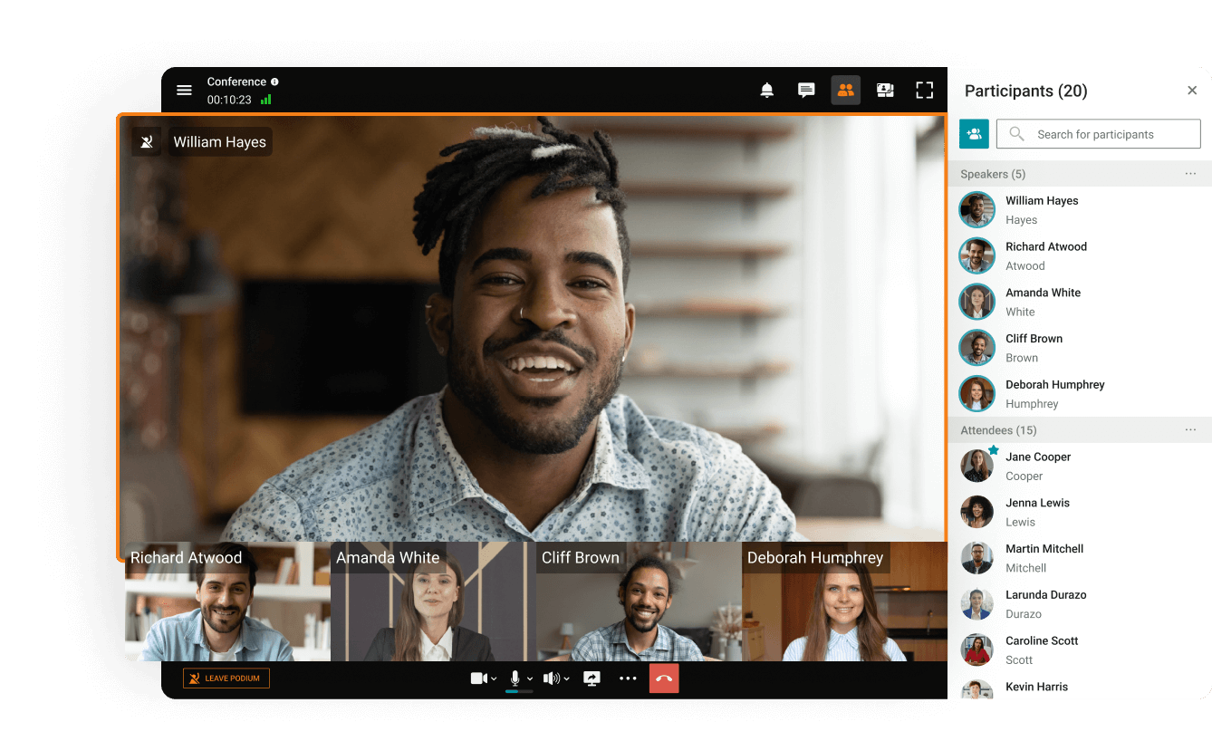 Video conference mode where participants see only speakers assigned by the host